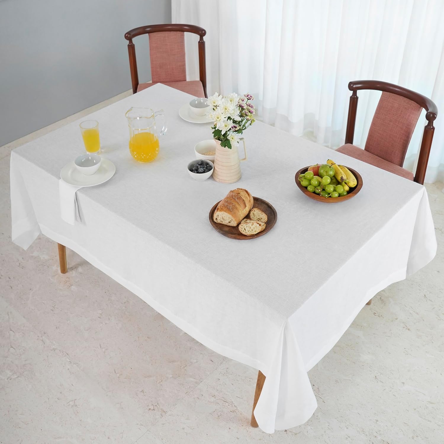 White pure linen tablecloth, 60x144 inches, draped on rectangular dining table — view 2
