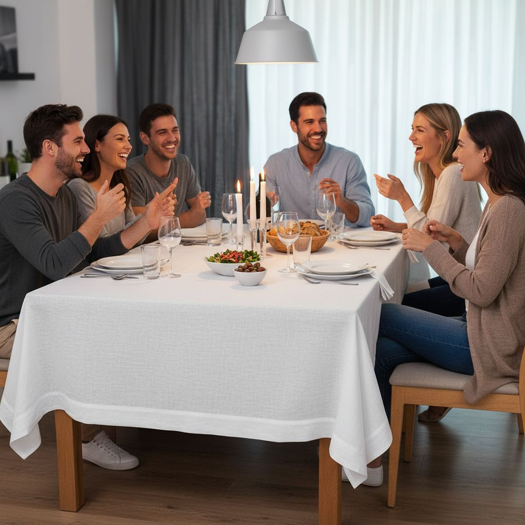 White pure linen tablecloth, 60x144 inches, draped on rectangular dining table — view 3b