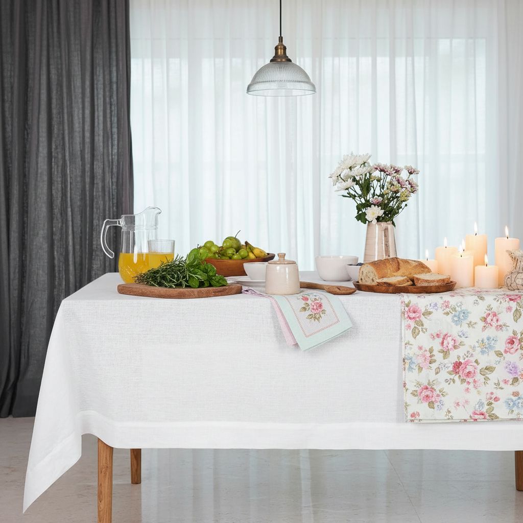 White pure linen tablecloth, 60x144 inches, draped on rectangular dining table — view 5a