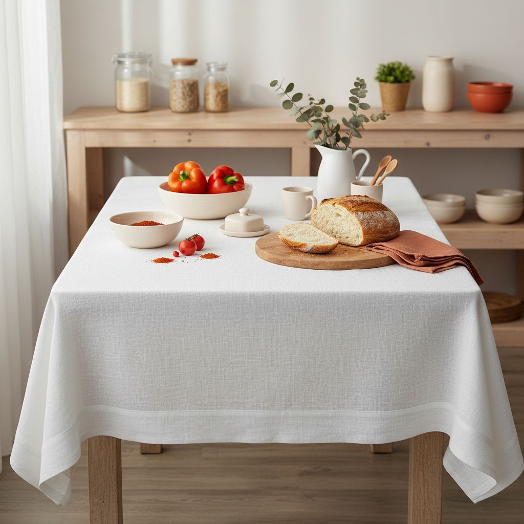 White pure linen tablecloth, 60x144 inches, draped on rectangular dining table — view 7a