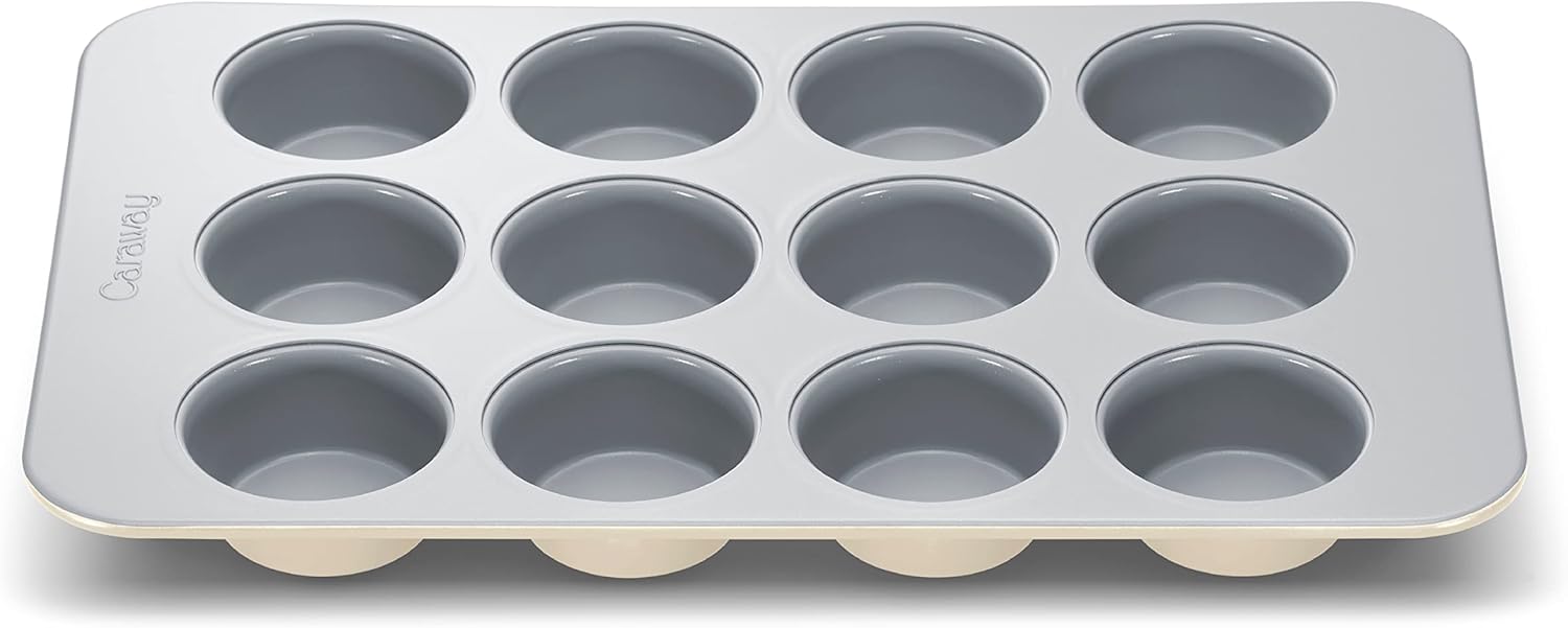 Cream ceramic 12-cup muffin pan with nonstick coating — view 1
