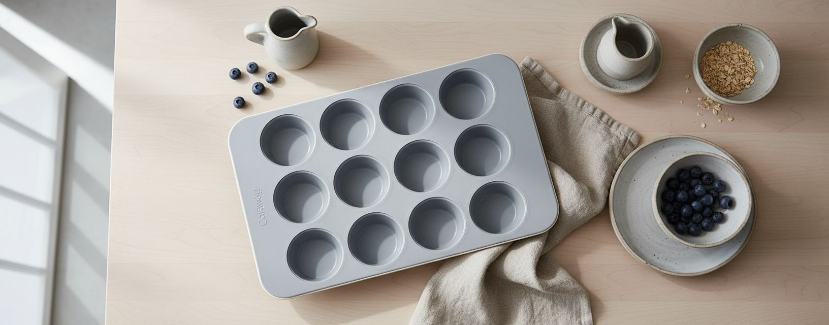 Cream ceramic 12-cup muffin pan with nonstick coating — view 1