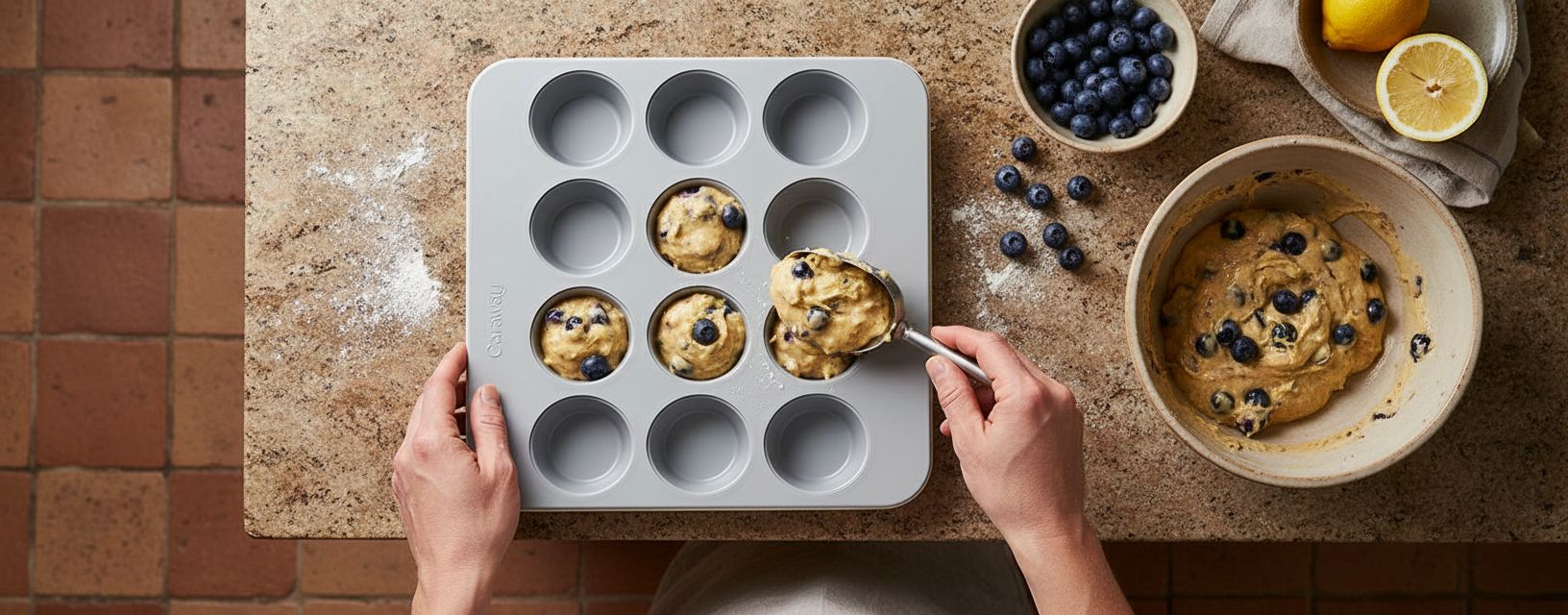 Cream ceramic 12-cup muffin pan with nonstick coating — view 3b