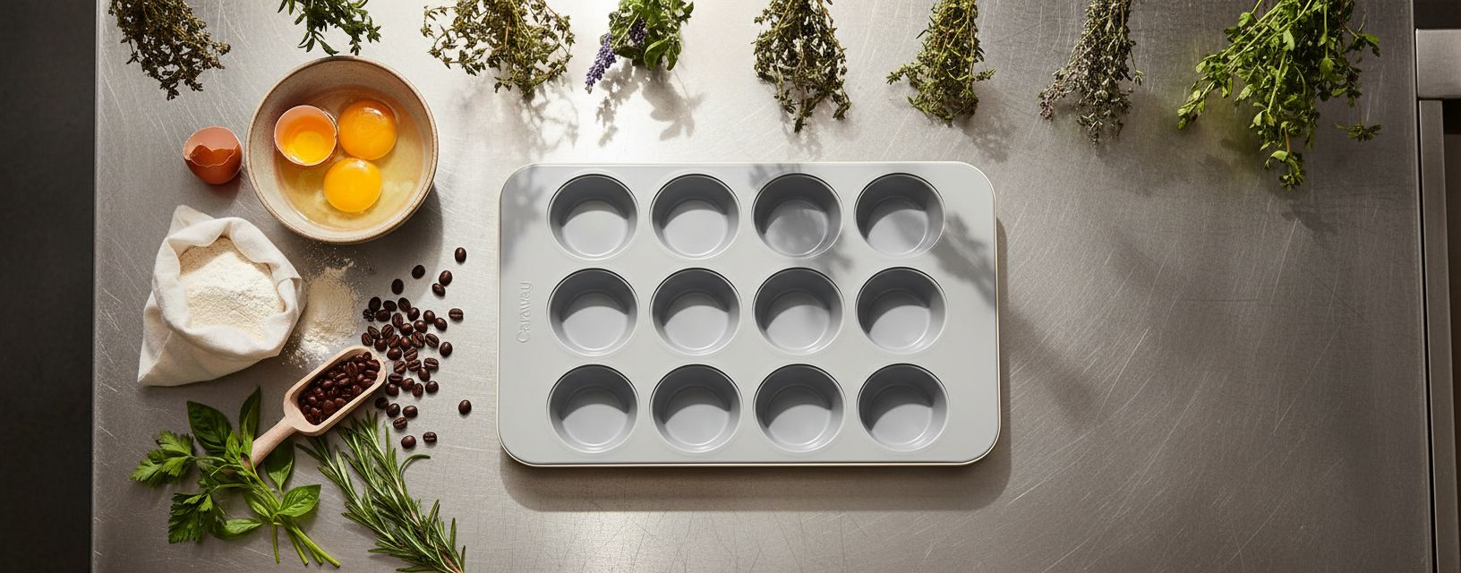 Cream ceramic 12-cup muffin pan with nonstick coating — view 2