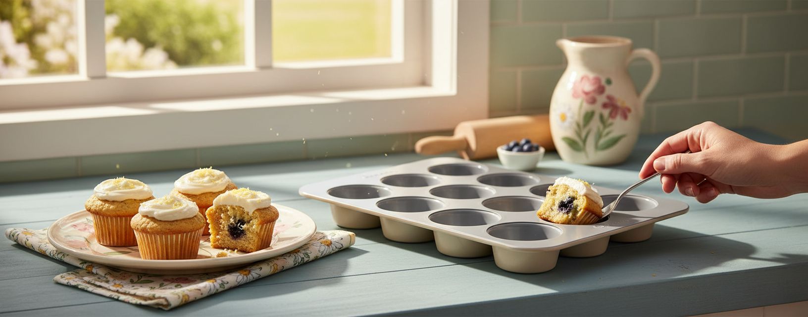 Cream ceramic 12-cup muffin pan with nonstick coating — view 3a