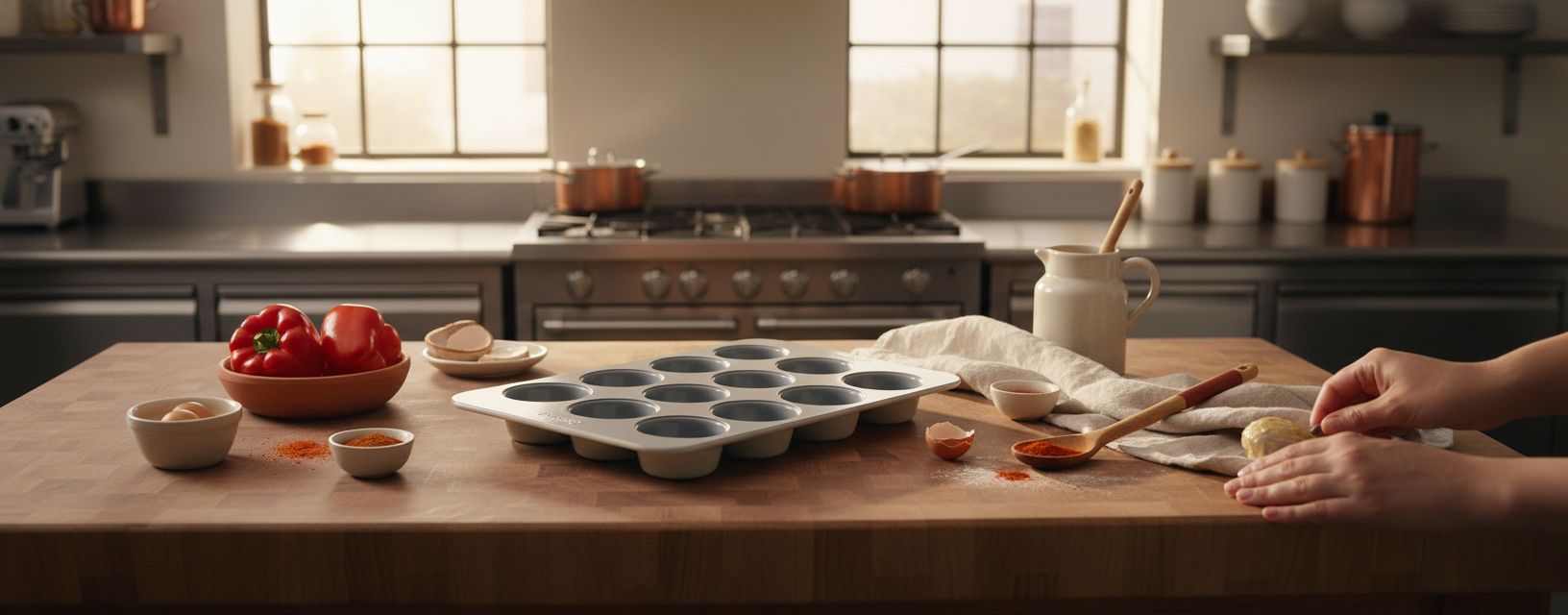 Cream ceramic 12-cup muffin pan with nonstick coating — view 7a