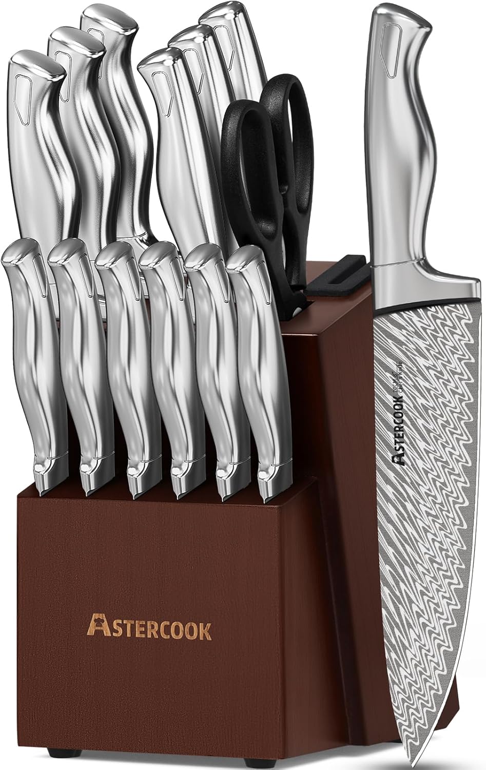 15-piece German stainless steel kitchen knife set with integrated wooden block and built-in sharpener — front