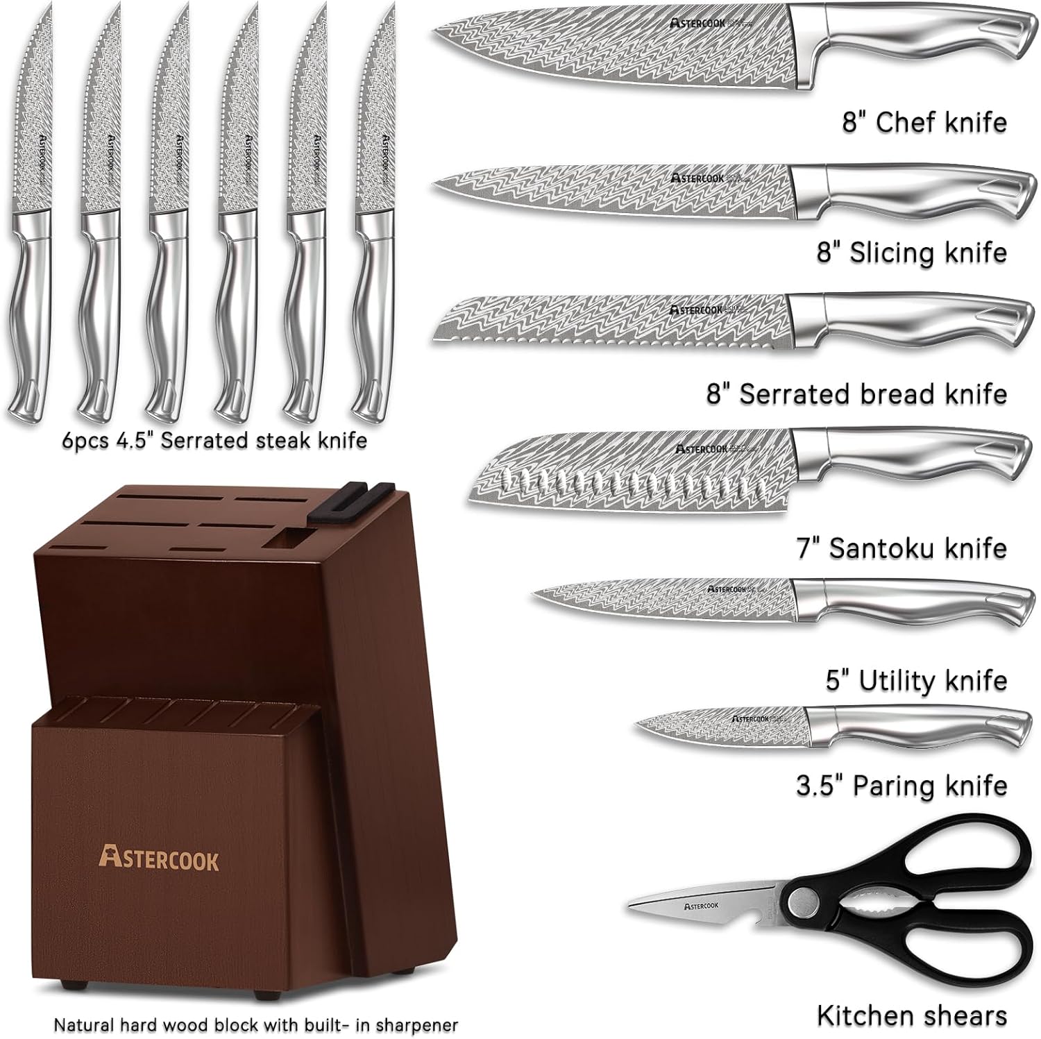 15-piece German stainless steel kitchen knife set with integrated wooden block and built-in sharpener — side