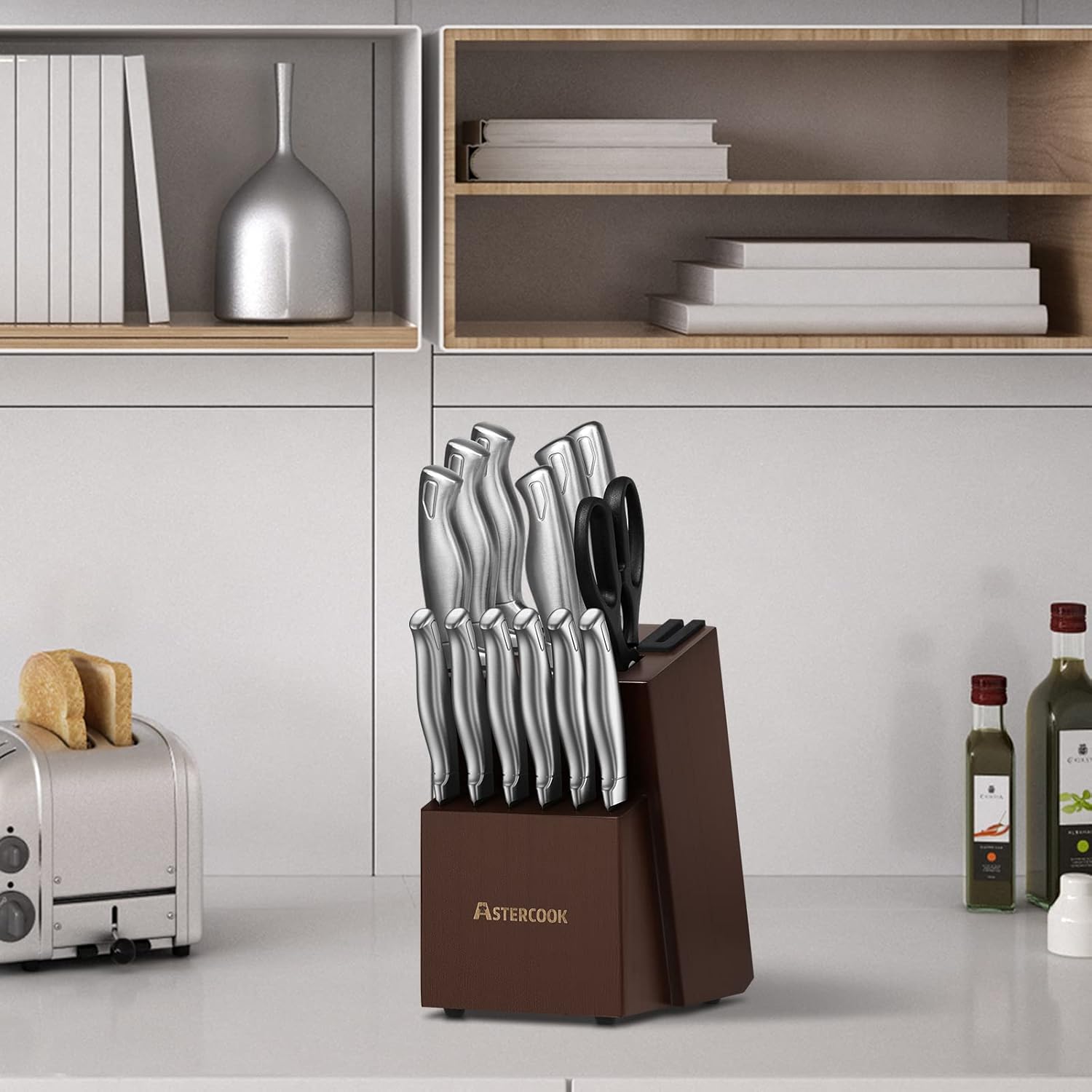 15-piece German stainless steel kitchen knife set with integrated wooden block and built-in sharpener — view 4