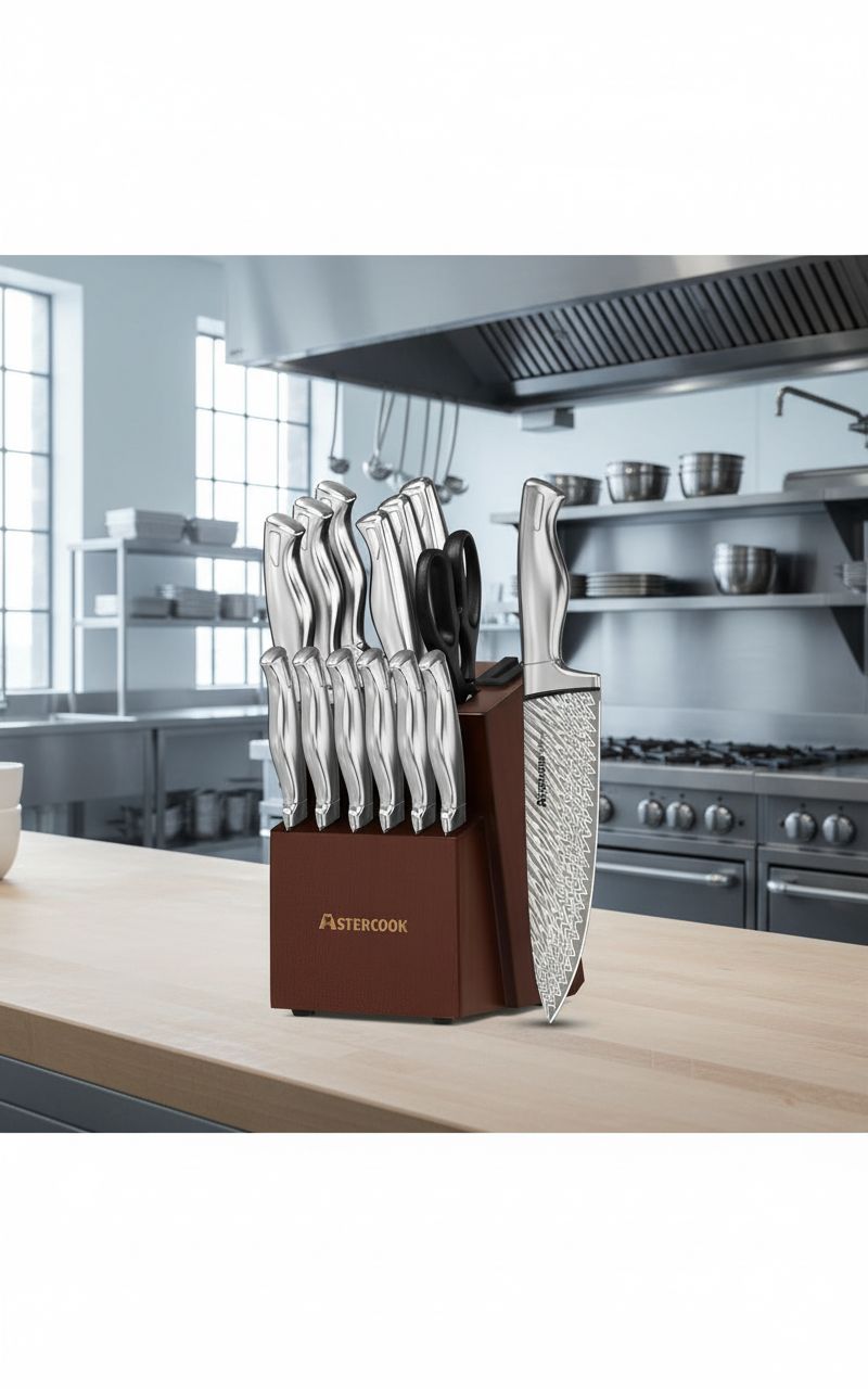 15-piece German stainless steel kitchen knife set with integrated wooden block and built-in sharpener — view 1