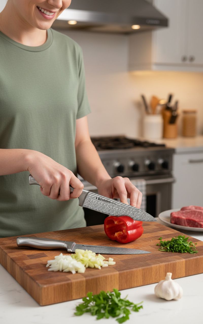 15-piece German stainless steel kitchen knife set with integrated wooden block and built-in sharpener — view 3b