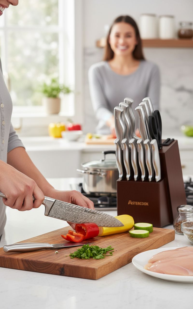 15-piece German stainless steel kitchen knife set with integrated wooden block and built-in sharpener — view 7b