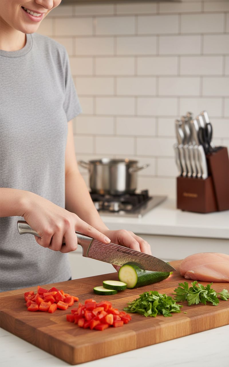 15-piece German stainless steel kitchen knife set with integrated wooden block and built-in sharpener — view 3a