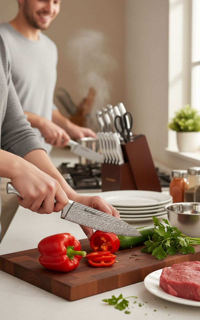 15-piece German stainless steel kitchen knife set with integrated wooden block and built-in sharpener — view 5a