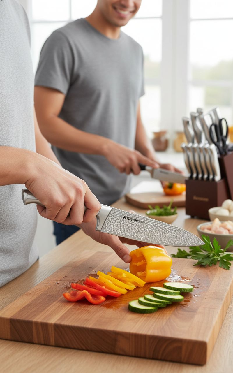 15-piece German stainless steel kitchen knife set with integrated wooden block and built-in sharpener — view 7a