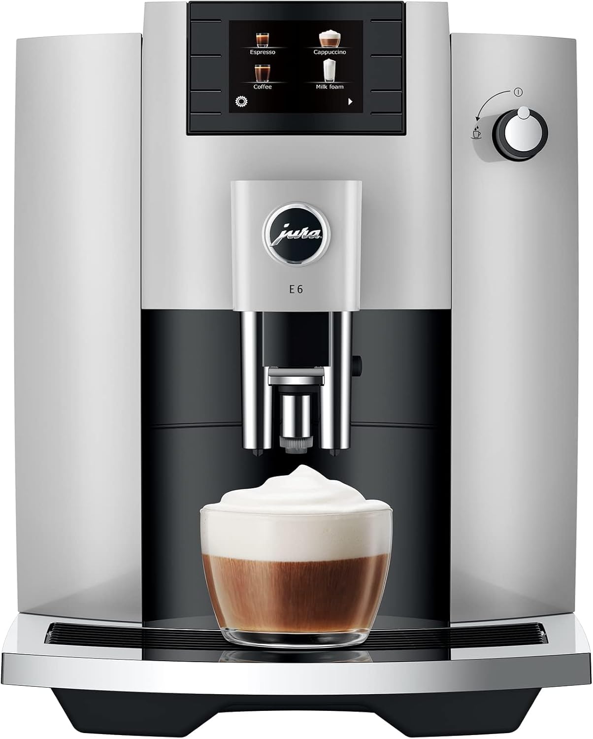 Stainless steel countertop espresso machine with integrated grinder and steam wand — view 1