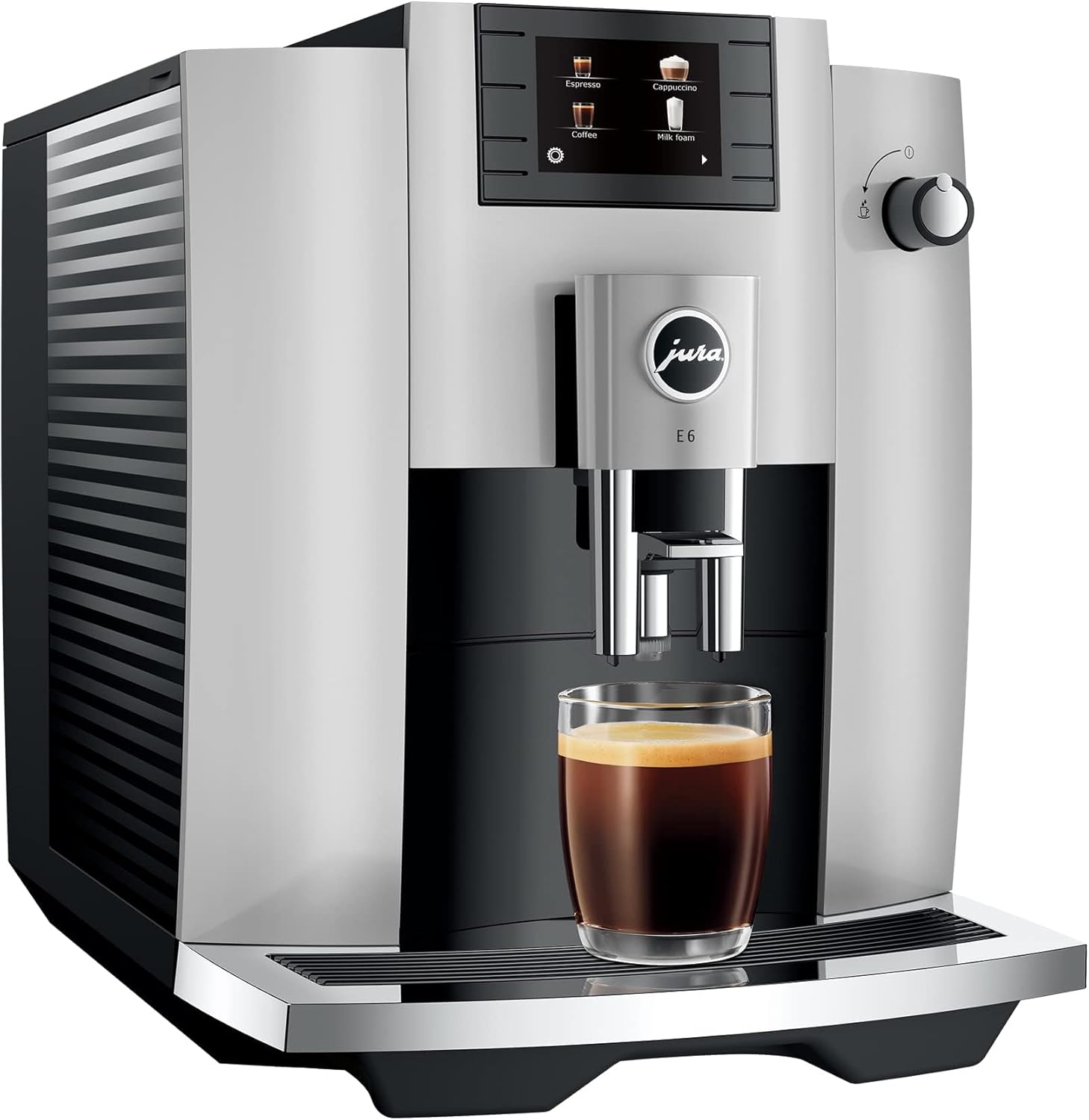 Stainless steel countertop espresso machine with integrated grinder and steam wand — view 2