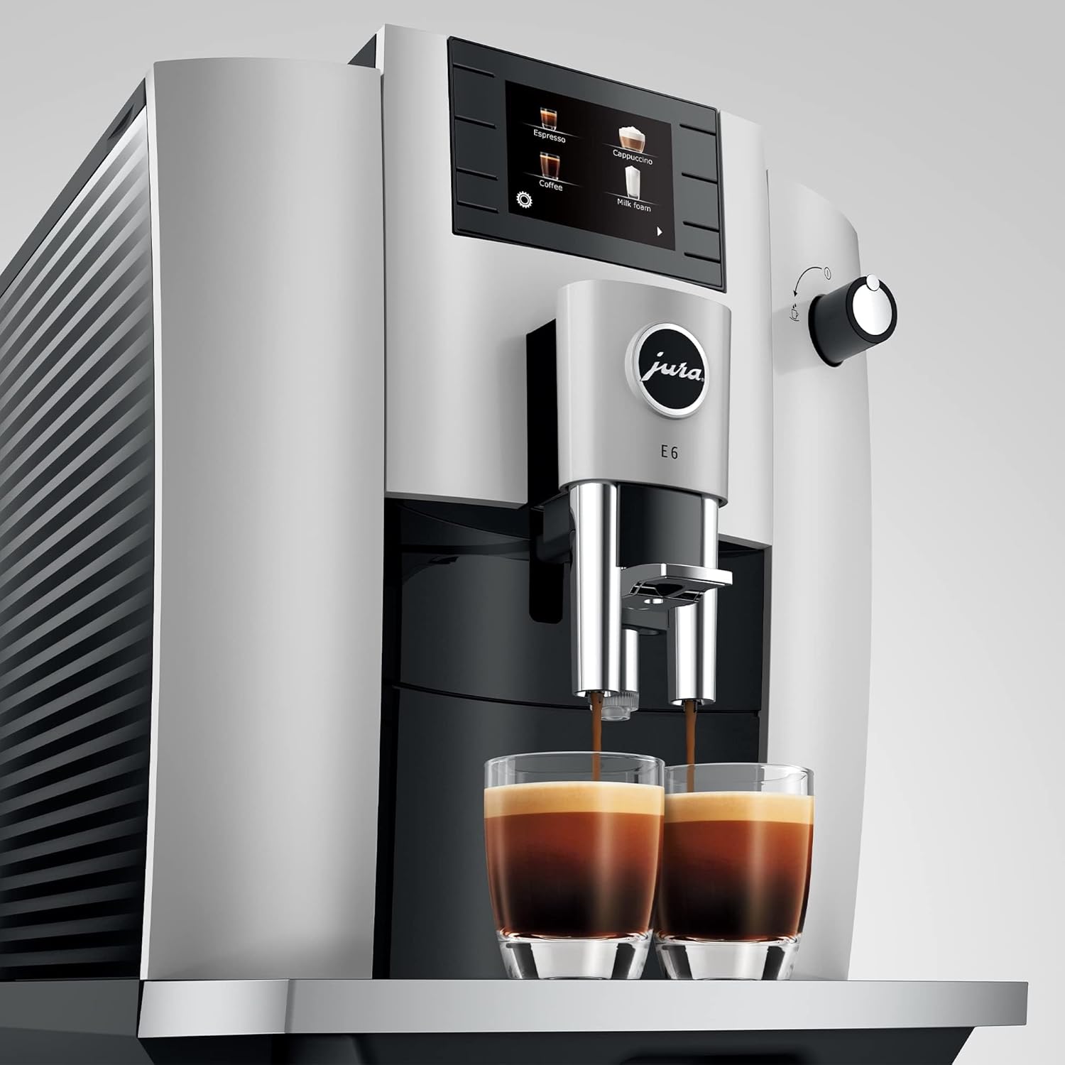 Stainless steel countertop espresso machine with integrated grinder and steam wand — view 2