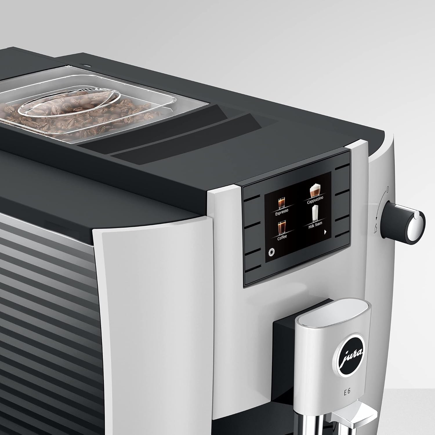 Stainless steel countertop espresso machine with integrated grinder and steam wand — view 4