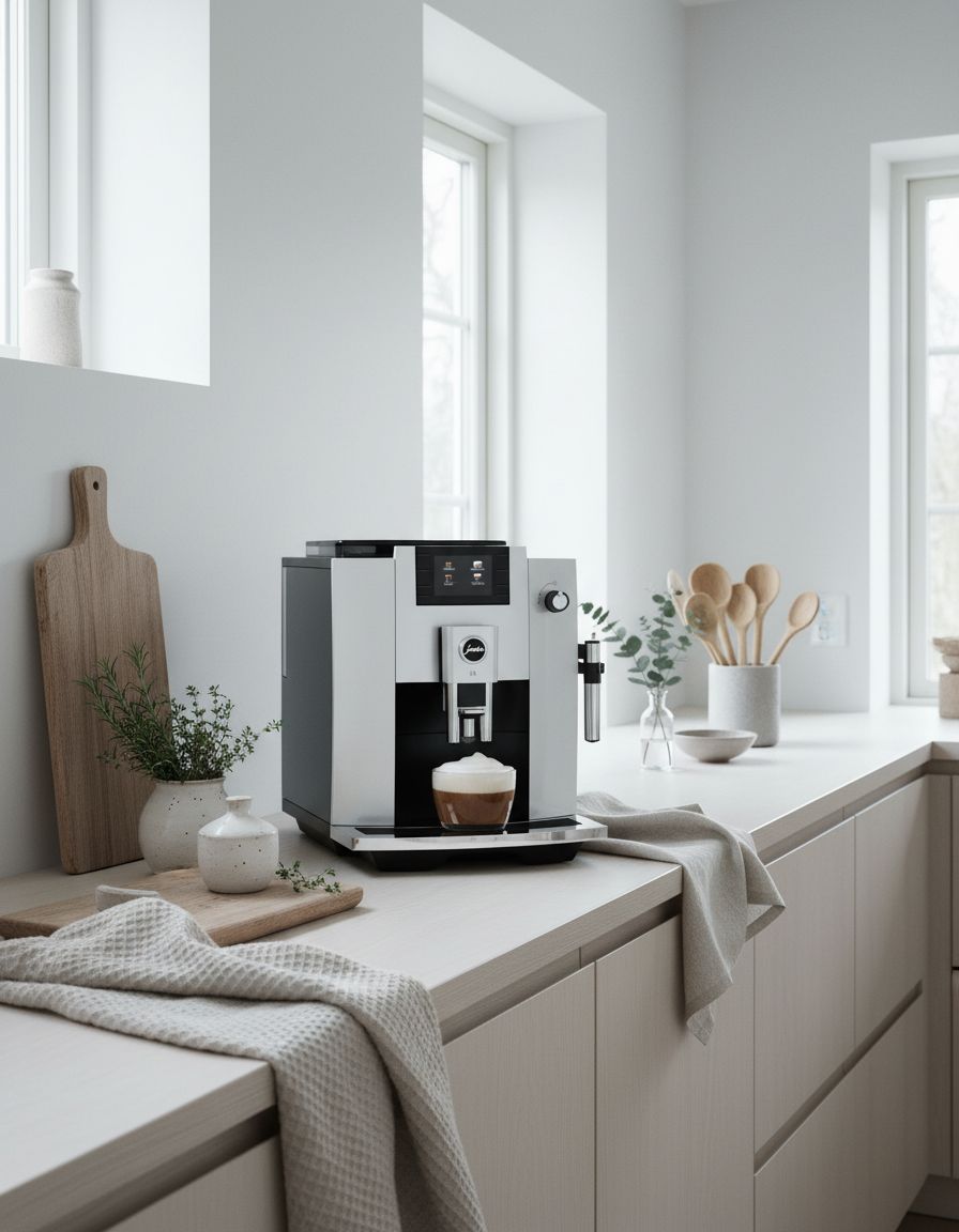 Stainless steel countertop espresso machine with integrated grinder and steam wand — view 5a