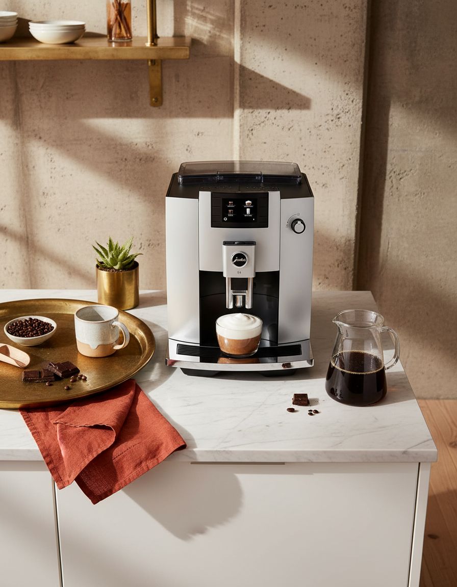 Stainless steel countertop espresso machine with integrated grinder and steam wand — view 7a