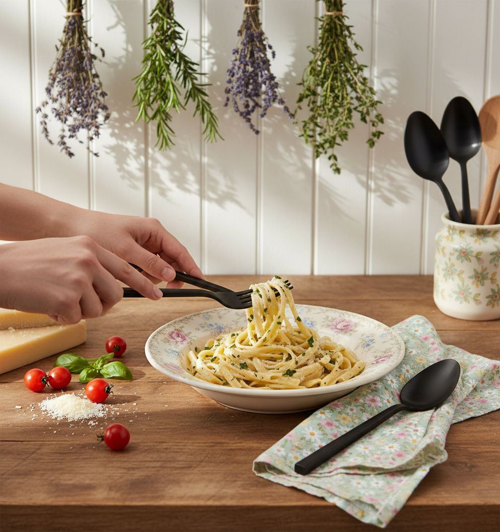 20-piece stainless steel flatware set with matte satin finish, including forks, knives, and spoons for service for four — view 3b