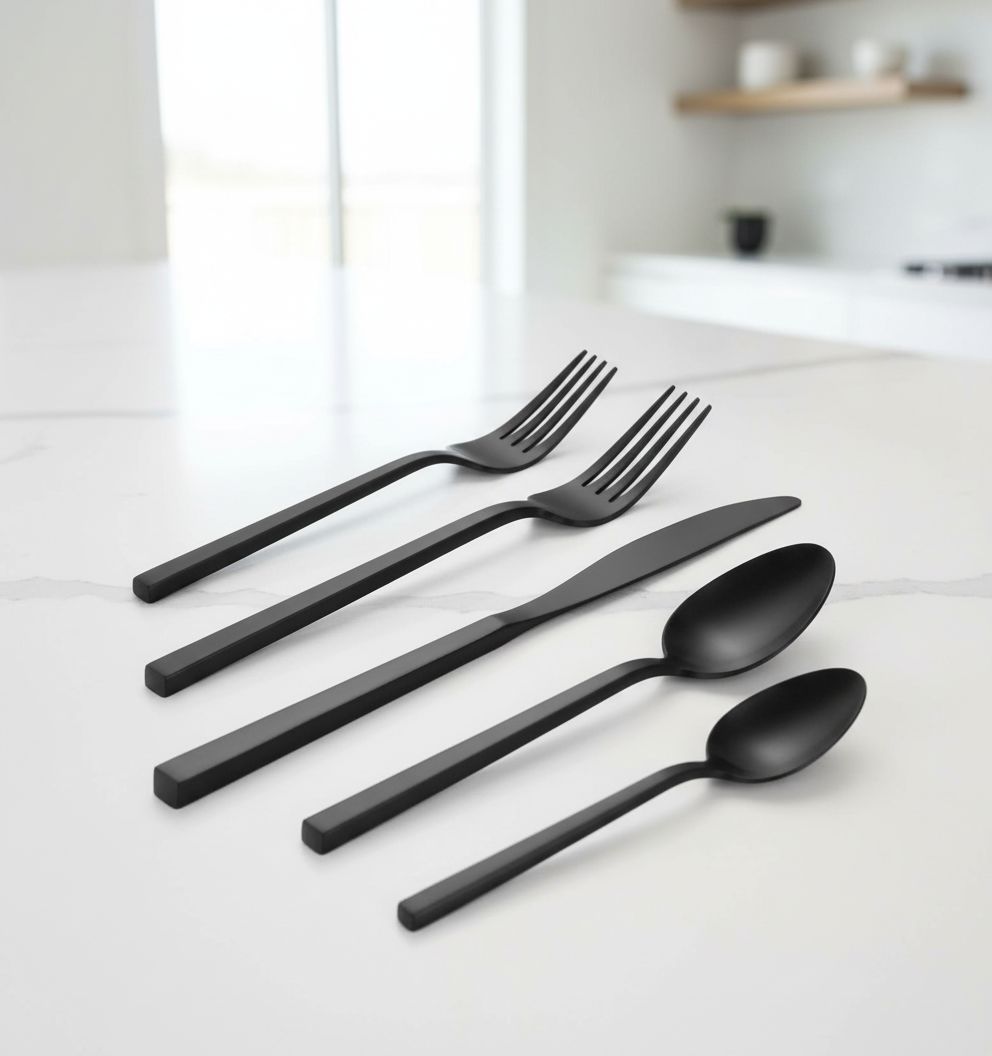 20-piece stainless steel flatware set with matte satin finish, including forks, knives, and spoons for service for four — view 5b
