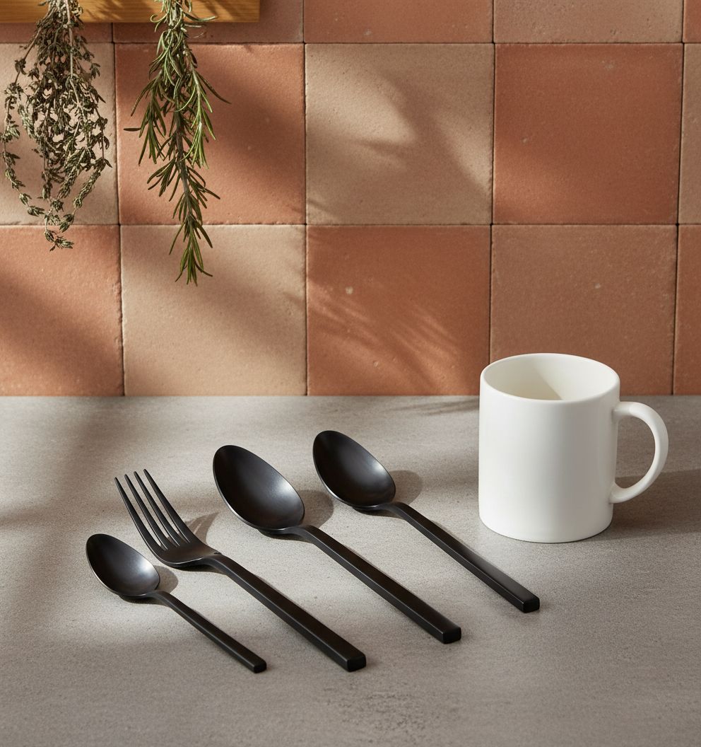 20-piece stainless steel flatware set with matte satin finish, including forks, knives, and spoons for service for four — view 4
