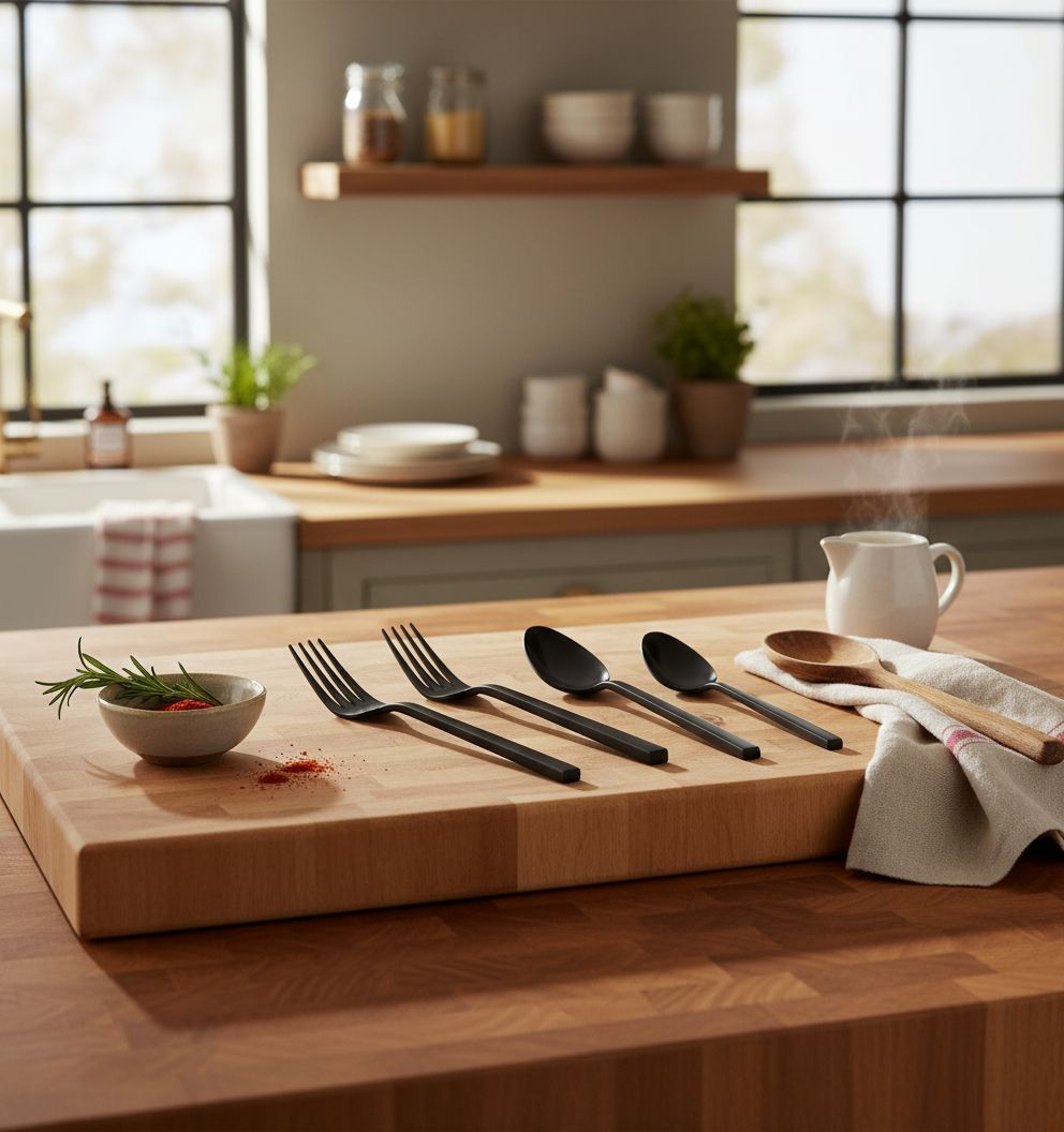 20-piece stainless steel flatware set with matte satin finish, including forks, knives, and spoons for service for four — view 7a