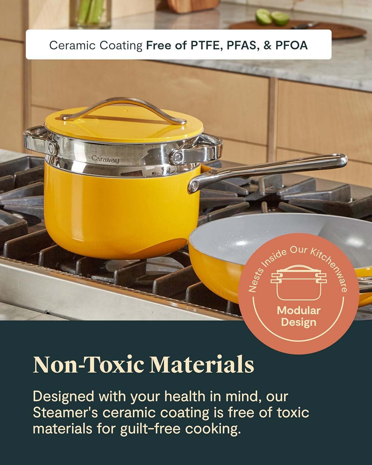 Caraway stainless steel steamer basket with handles, nonstick coating — view 4