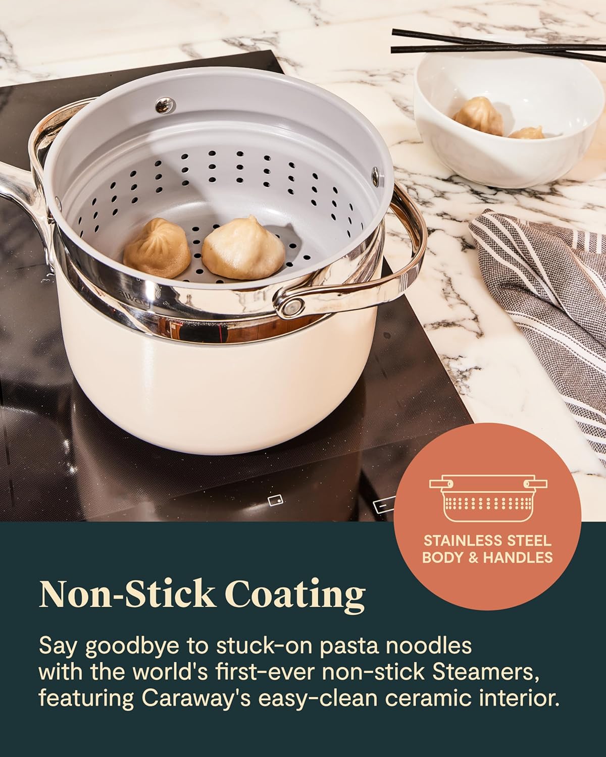 Caraway stainless steel steamer basket with handles, nonstick coating — view 2