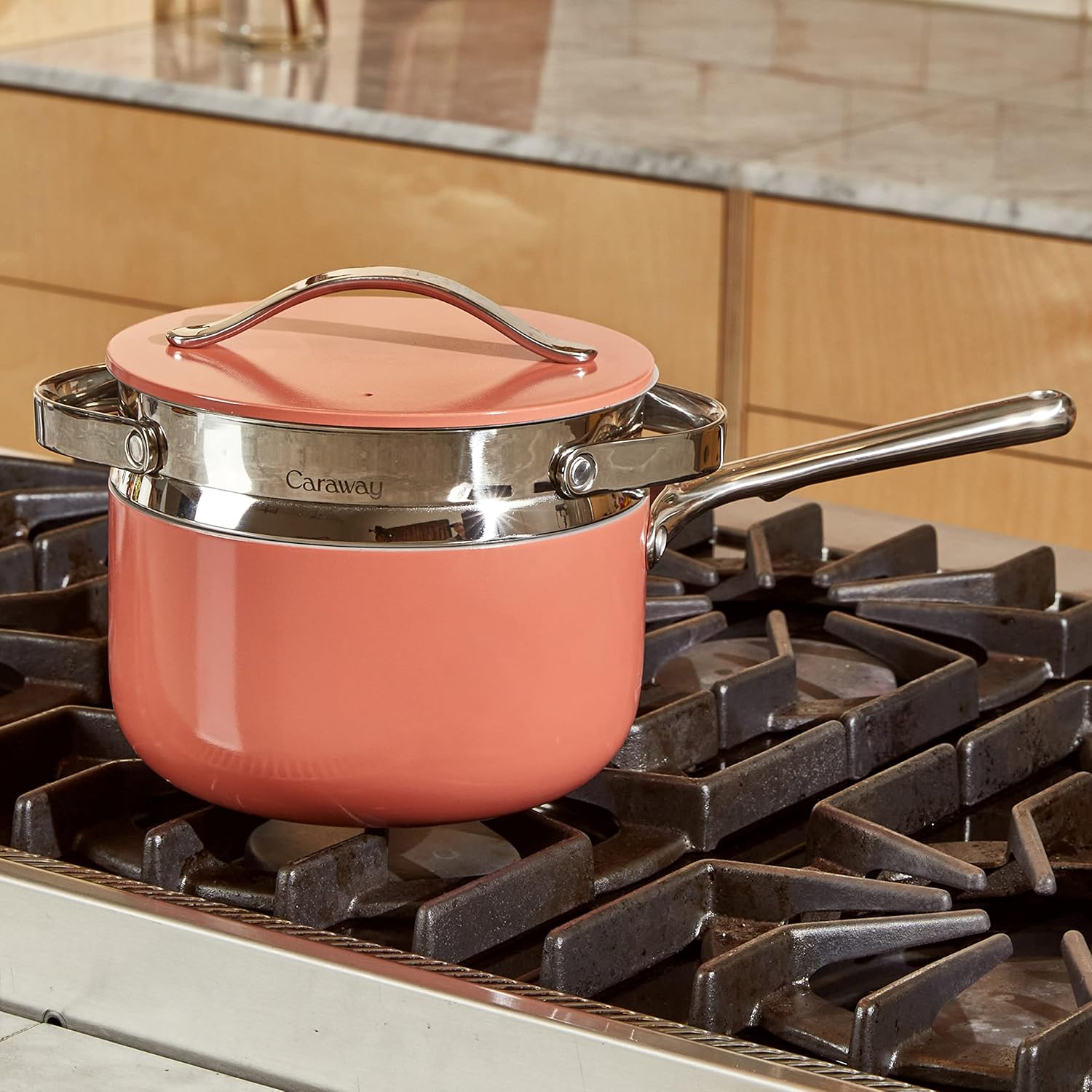 Caraway stainless steel steamer basket with handles, nonstick coating — view 4