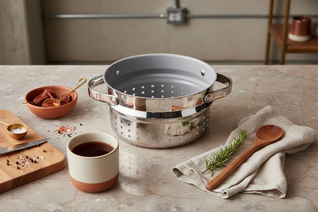 Caraway stainless steel steamer basket with handles, nonstick coating — view 7a