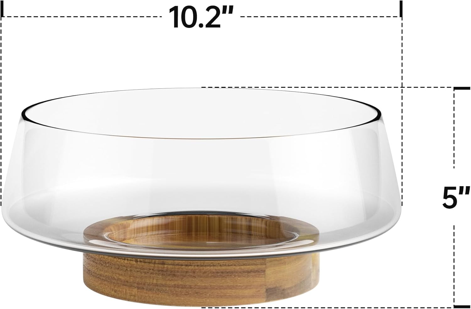 Extra-large glass salad bowl with acacia wood base and serving utensils — view 2