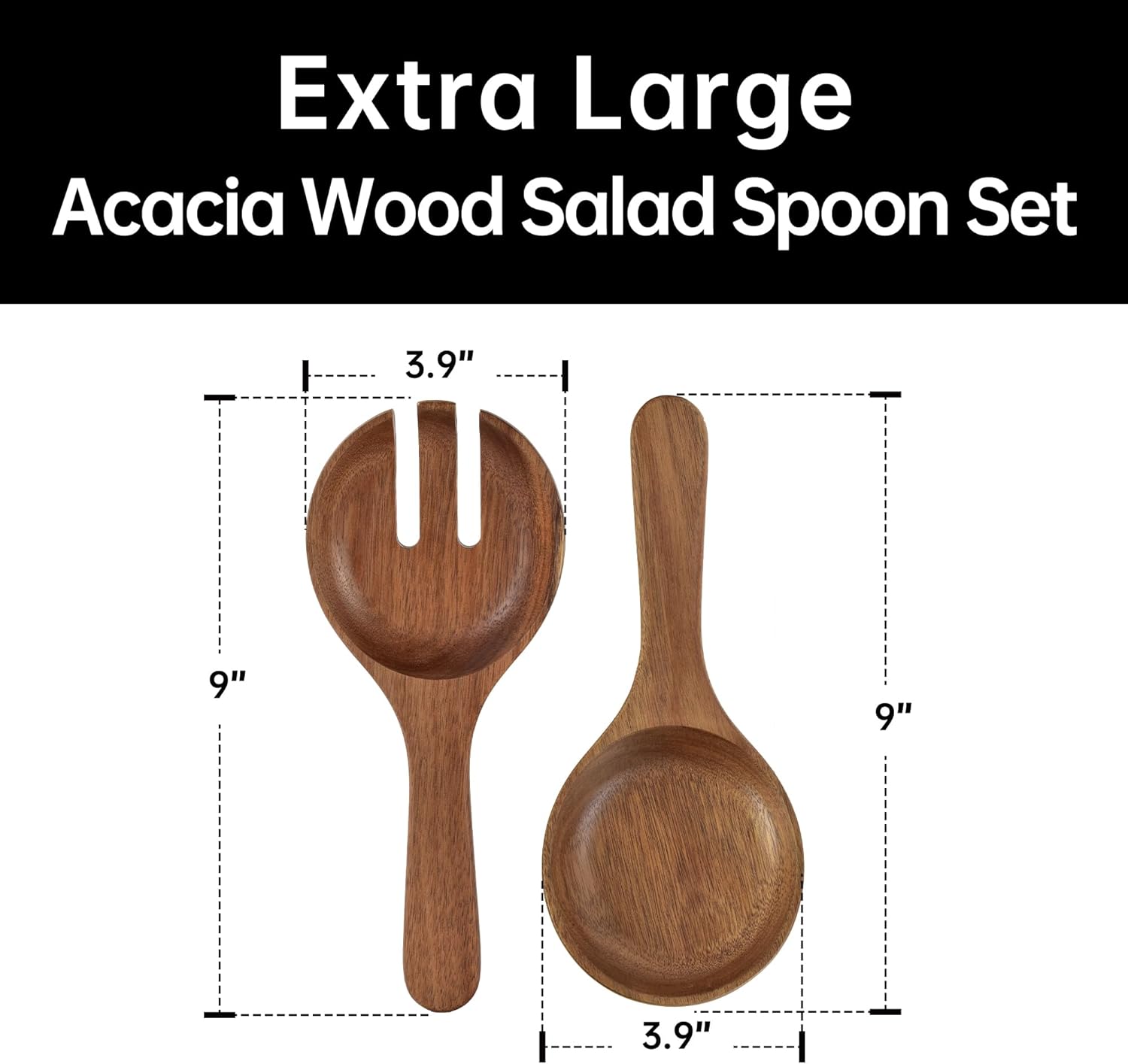 Extra-large glass salad bowl with acacia wood base and serving utensils — view 3