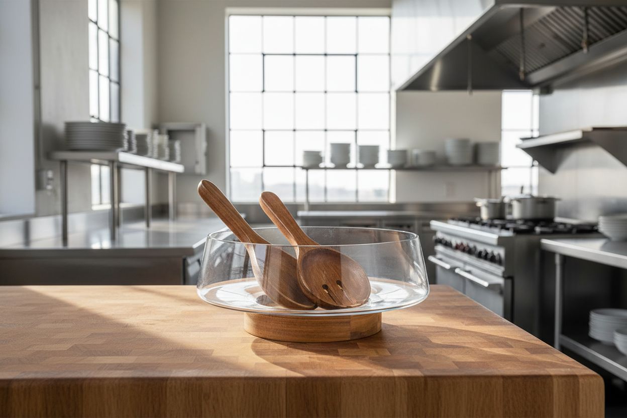 Extra-large glass salad bowl with acacia wood base and serving utensils — view 1