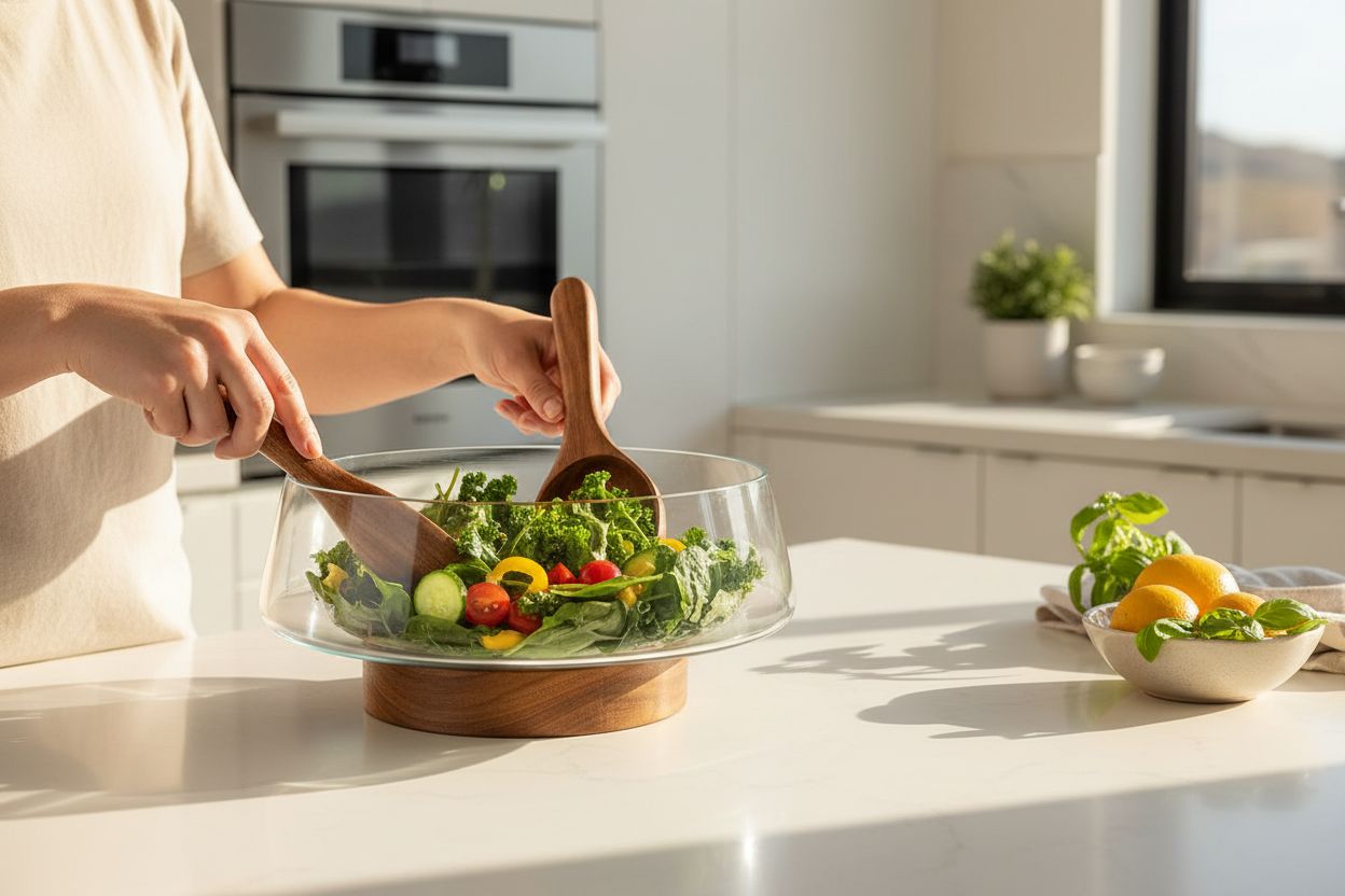 Extra-large glass salad bowl with acacia wood base and serving utensils — view 3b