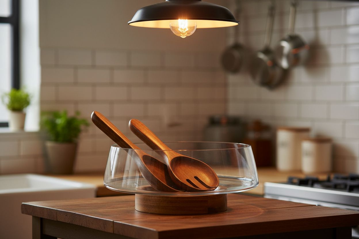 Extra-large glass salad bowl with acacia wood base and serving utensils — view 5b