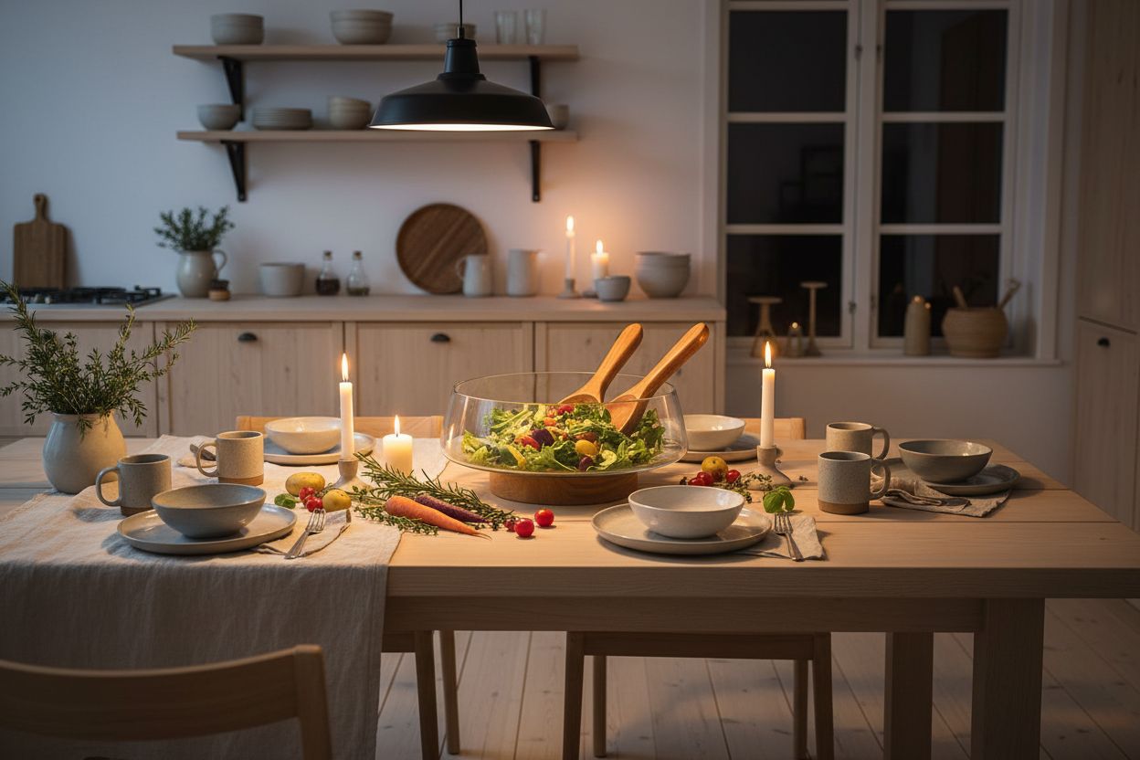 Extra-large glass salad bowl with acacia wood base and serving utensils — view 7b
