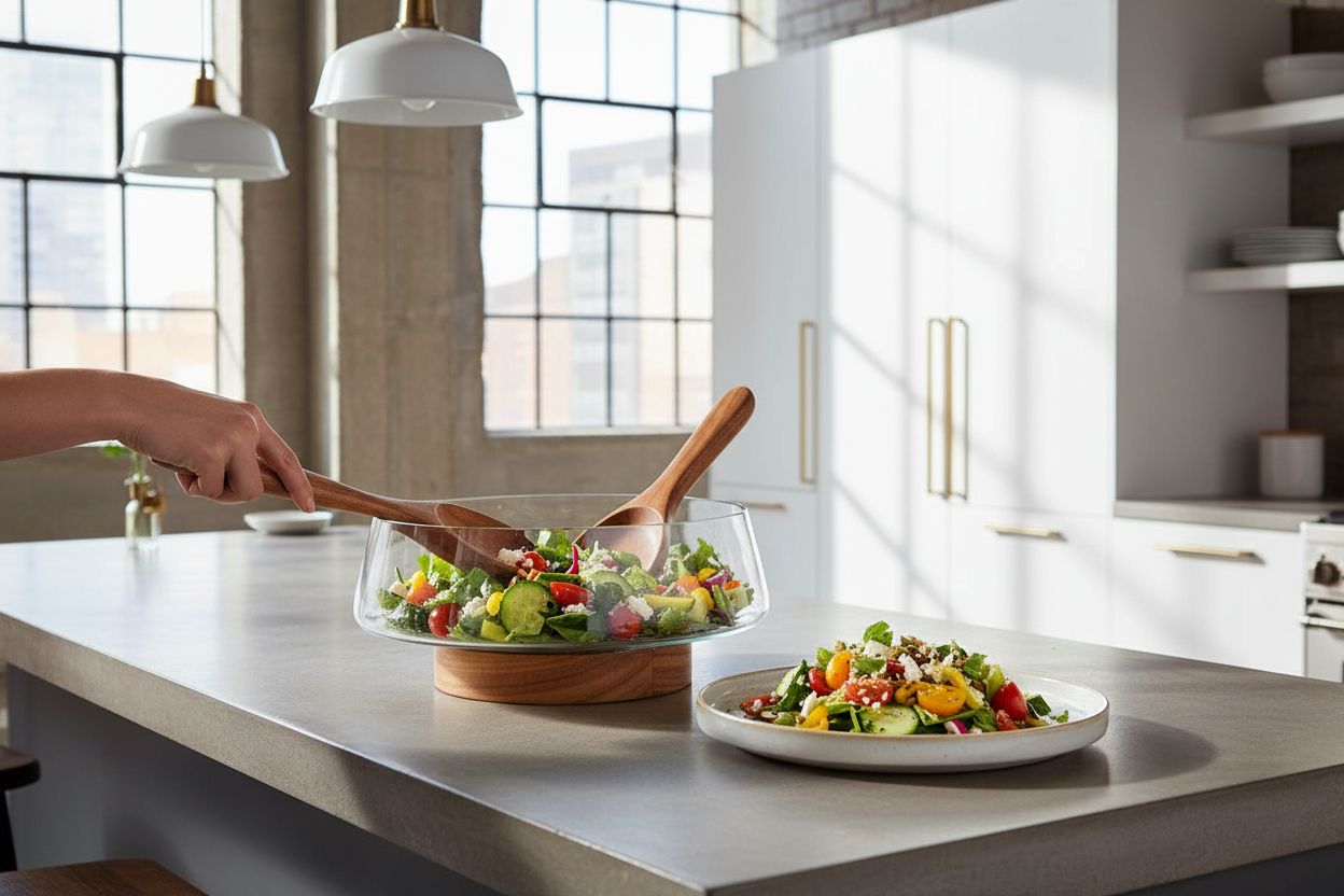Extra-large glass salad bowl with acacia wood base and serving utensils — view 3a