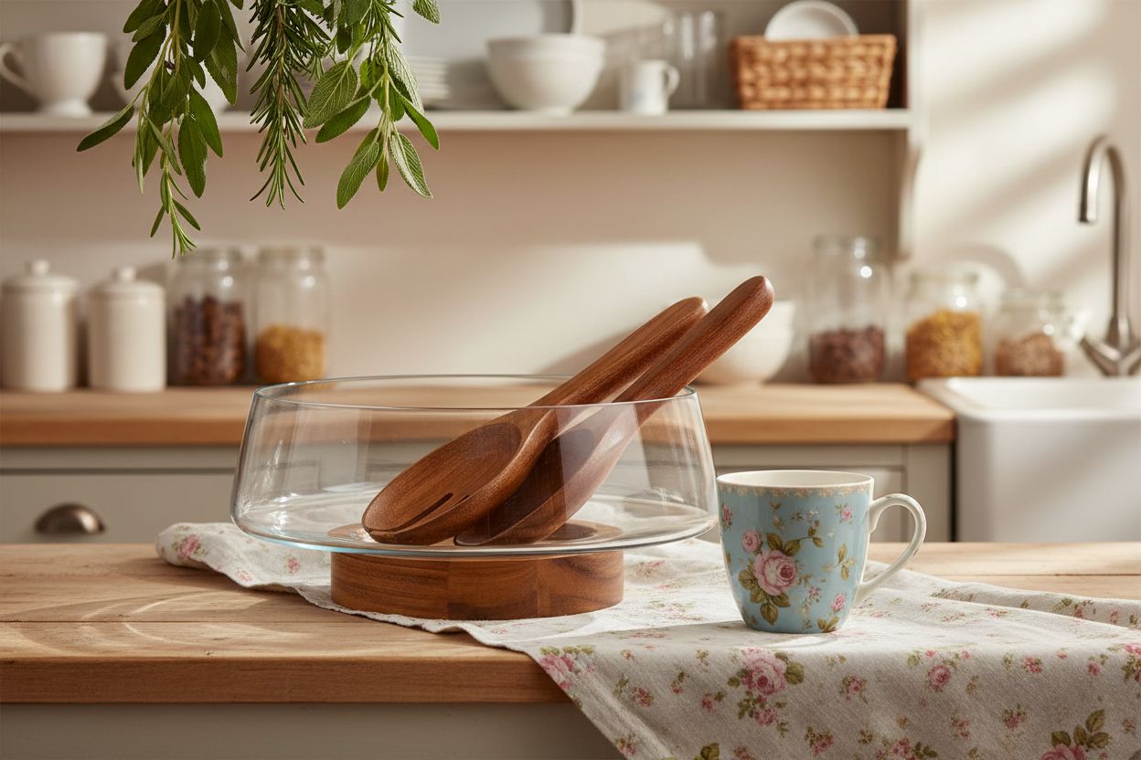 Extra-large glass salad bowl with acacia wood base and serving utensils — view 4