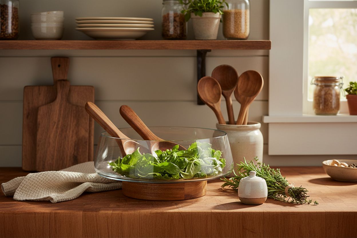 Extra-large glass salad bowl with acacia wood base and serving utensils — view 5a