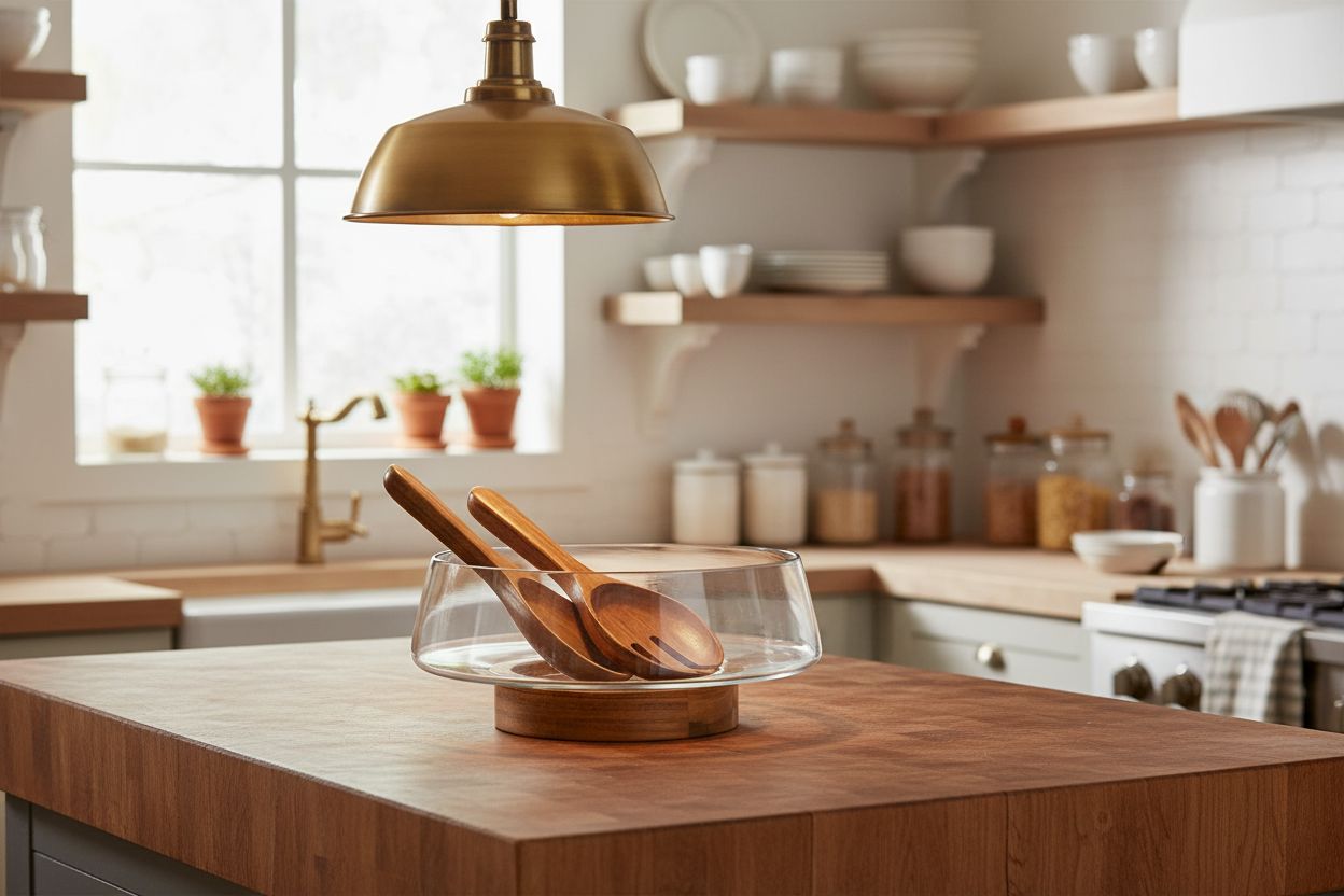 Extra-large glass salad bowl with acacia wood base and serving utensils — view 6