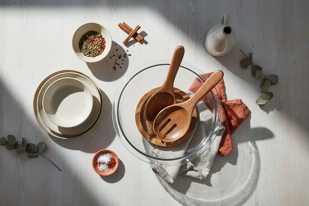 Extra-large glass salad bowl with acacia wood base and serving utensils — view 7a