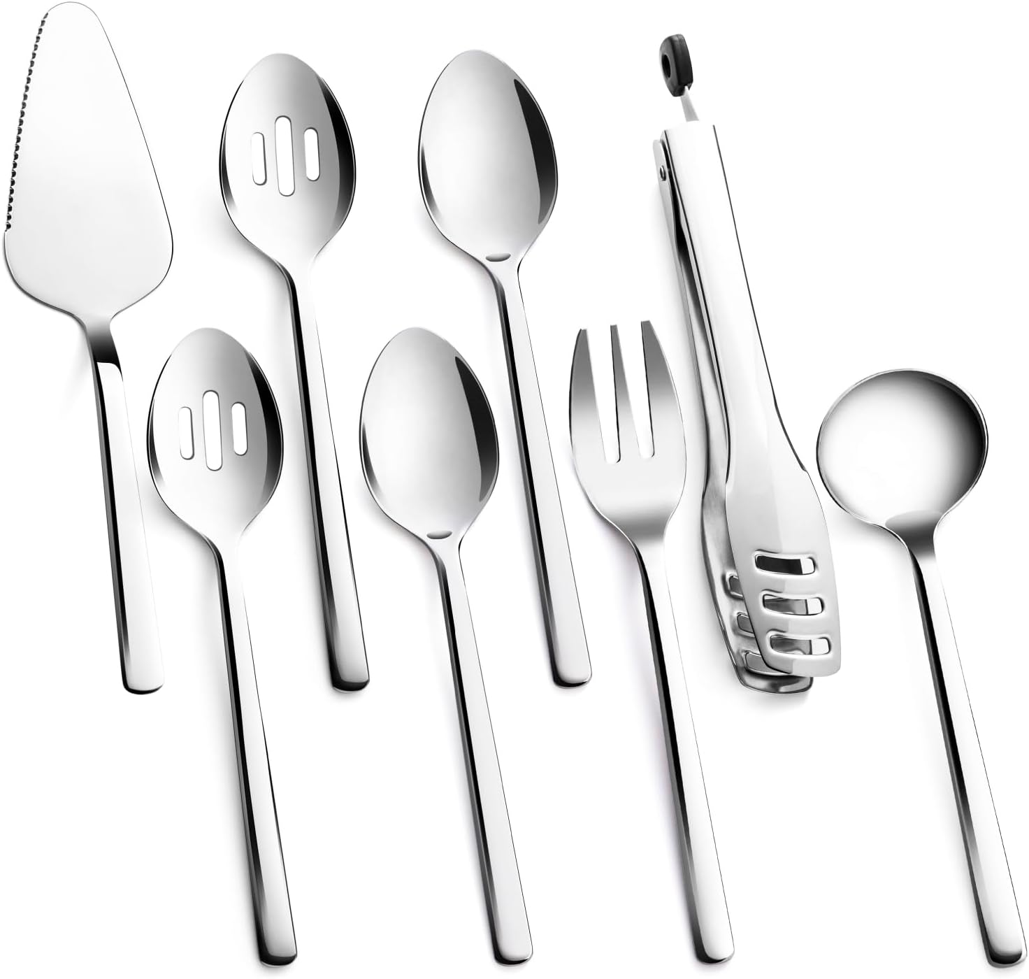 Heavy-duty stainless steel serving utensils set including slotted spoon, fork, tongs and cake server with polished handles — view 1
