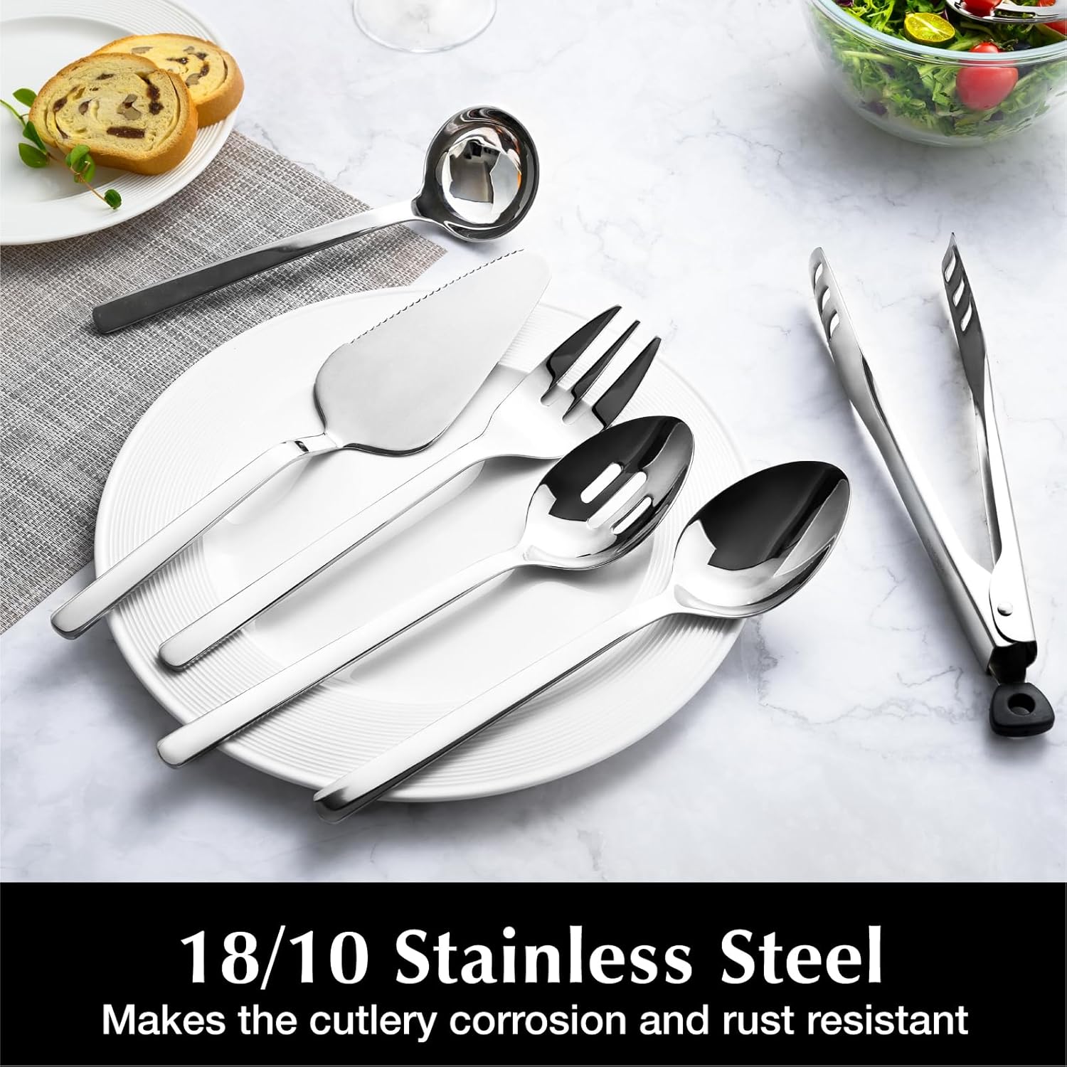 Heavy-duty stainless steel serving utensils set including slotted spoon, fork, tongs and cake server with polished handles — view 2