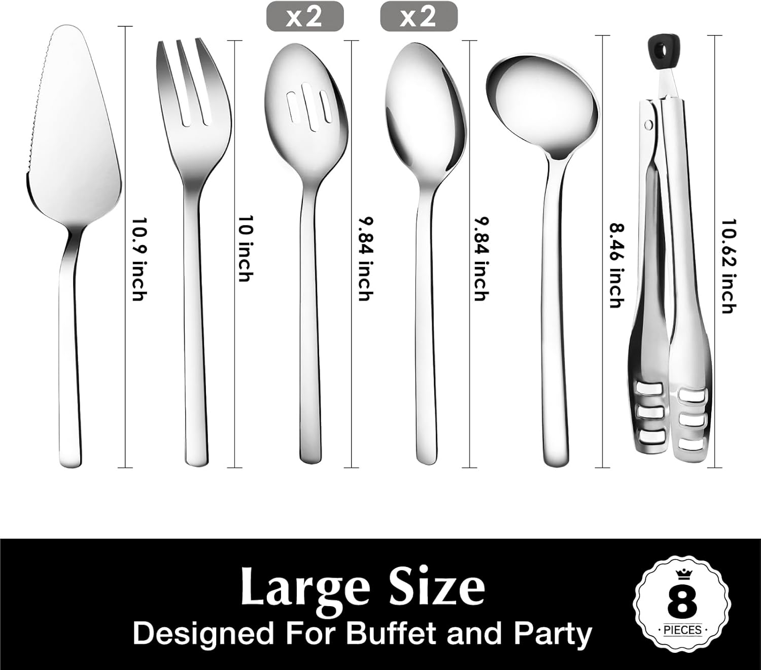 Heavy-duty stainless steel serving utensils set including slotted spoon, fork, tongs and cake server with polished handles — view 2