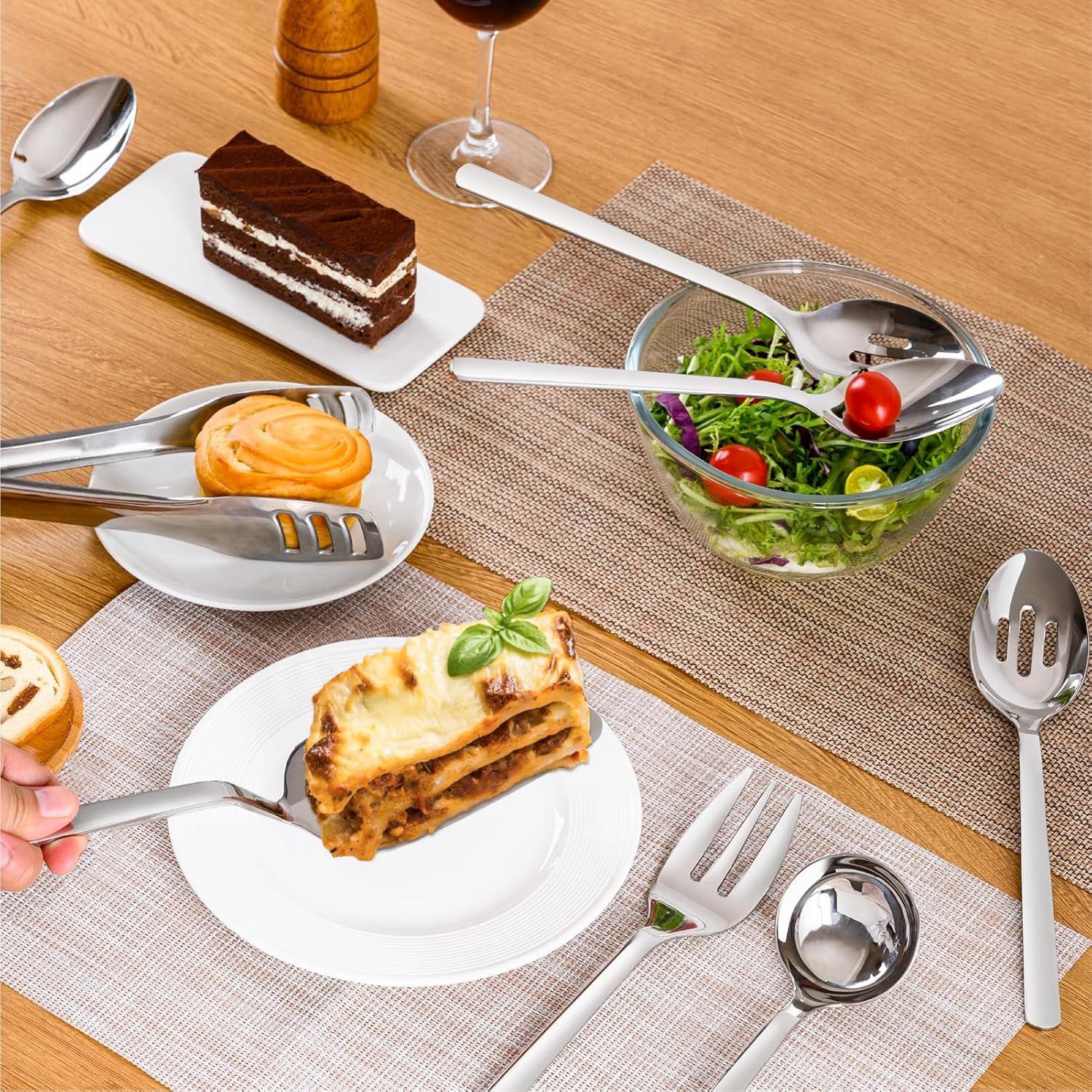 Heavy-duty stainless steel serving utensils set including slotted spoon, fork, tongs and cake server with polished handles — view 3