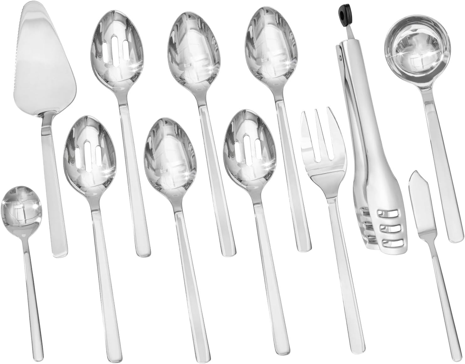 Heavy-duty stainless steel serving utensils set including slotted spoon, fork, tongs and cake server with polished handles — view 4
