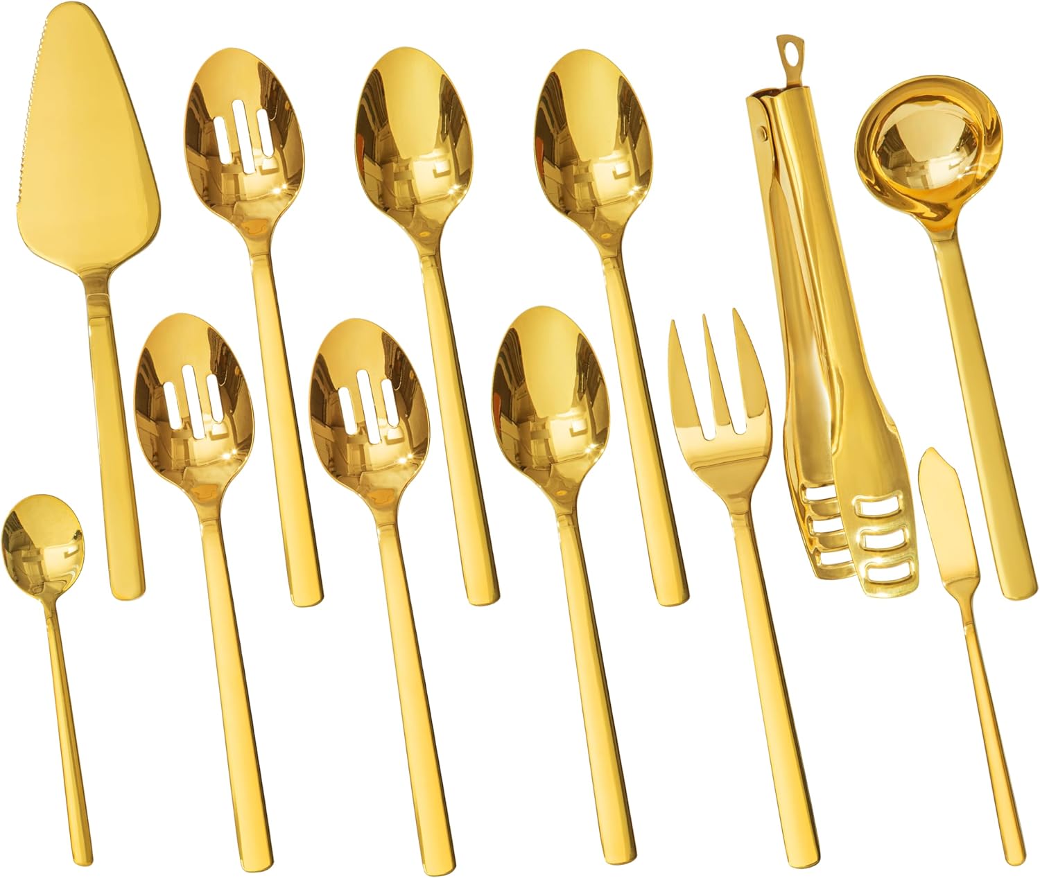 Heavy-duty stainless steel serving utensils set including slotted spoon, fork, tongs and cake server with polished handles — view 5